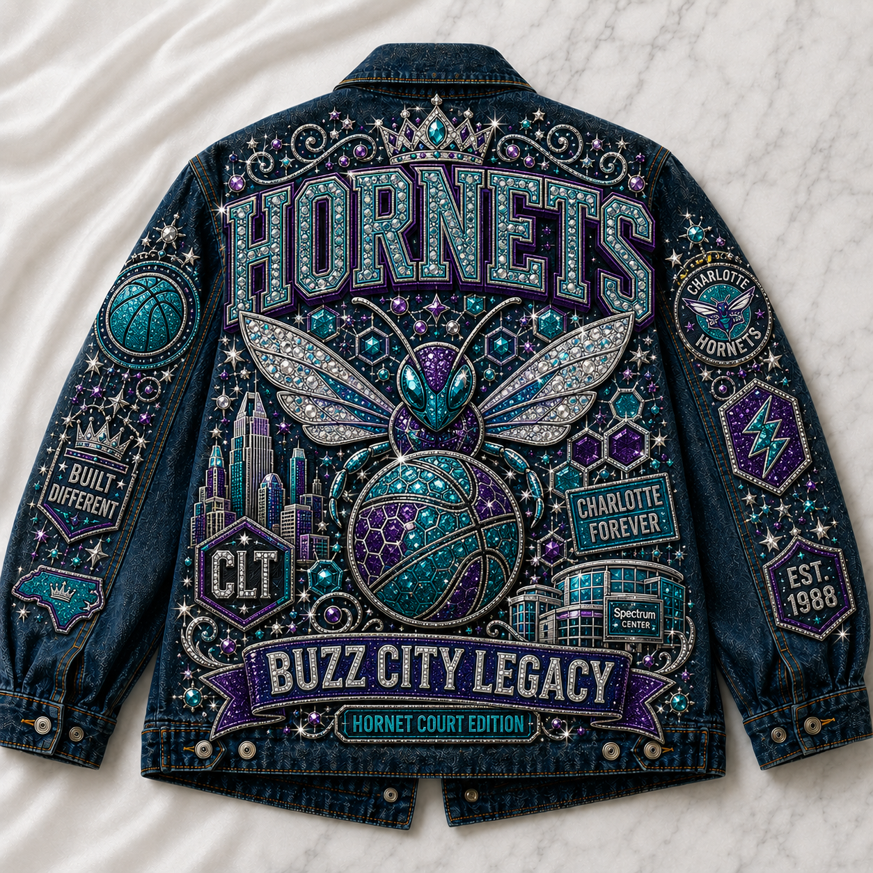 Teal Purple Hornet Court Basketball Fan Oversized Denim Jacket – Collector Edition TPHC04