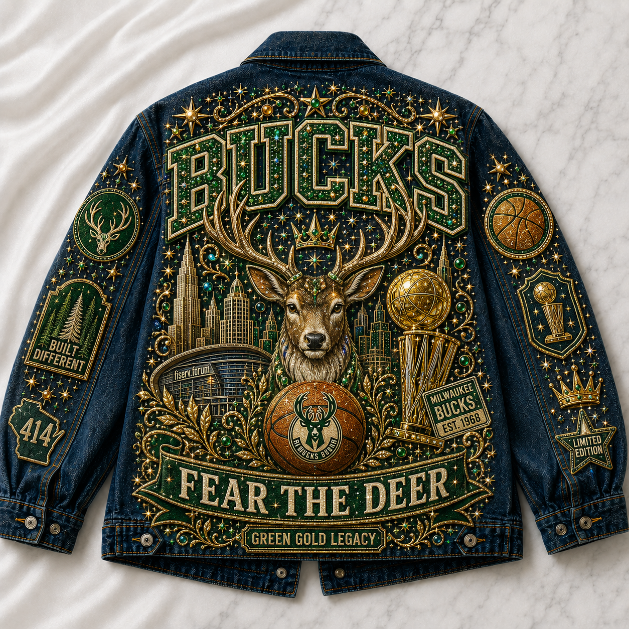Green Gold Deer Court Basketball Fan Oversized Denim Jacket – Collector Edition GGDC4